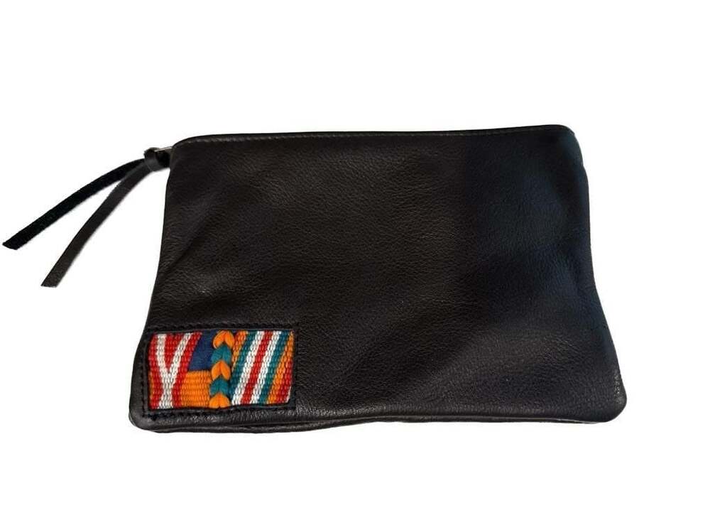 Spencer Devine Black Pebbled Leather Clutch with Hand-Woven Huipil Inset
